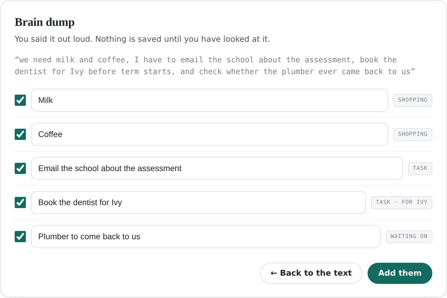 The same sheet after. A rambled sentence about milk, coffee, emailing
                  the school, booking the dentist and chasing the plumber has been split
                  into five rows, each tagged Shopping, Task or Waiting on, with
                  checkboxes and an Add them button.