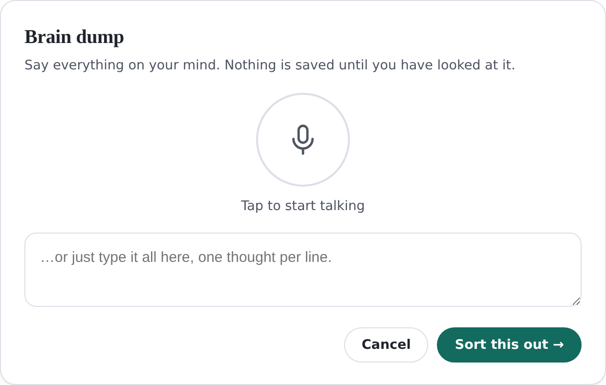 The brain dump sheet before anything is said: a large microphone
                  button labelled Tap to start talking, a box to type into instead, and
                  a Sort this out button.