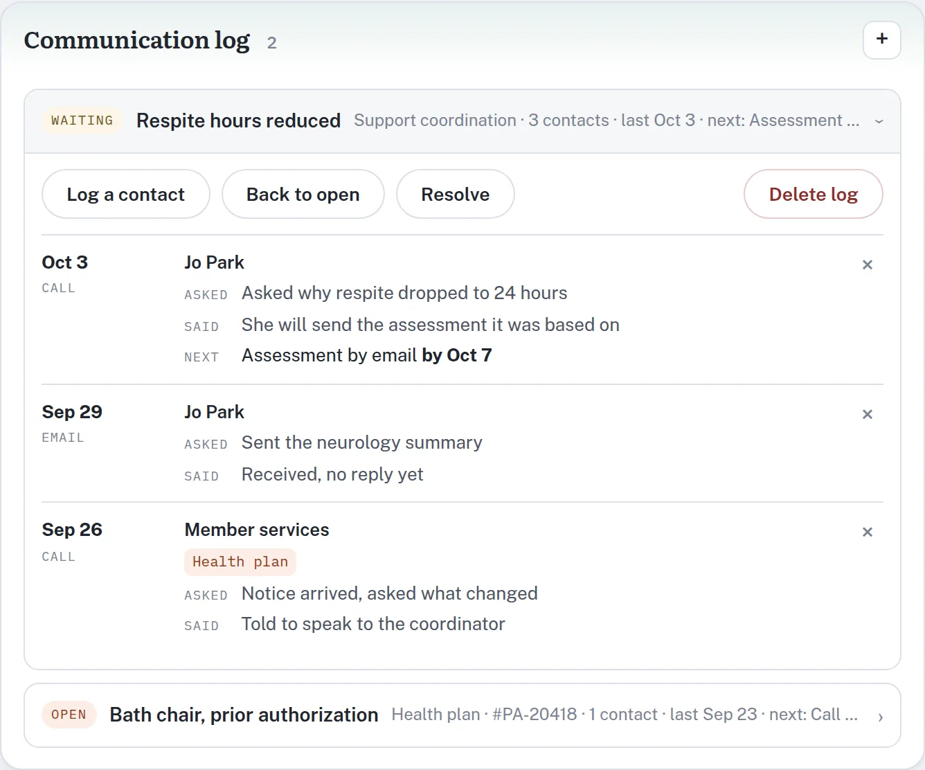 The communication log in Red Ember: three contacts about a cut in respite hours, each with what was asked and what was said.