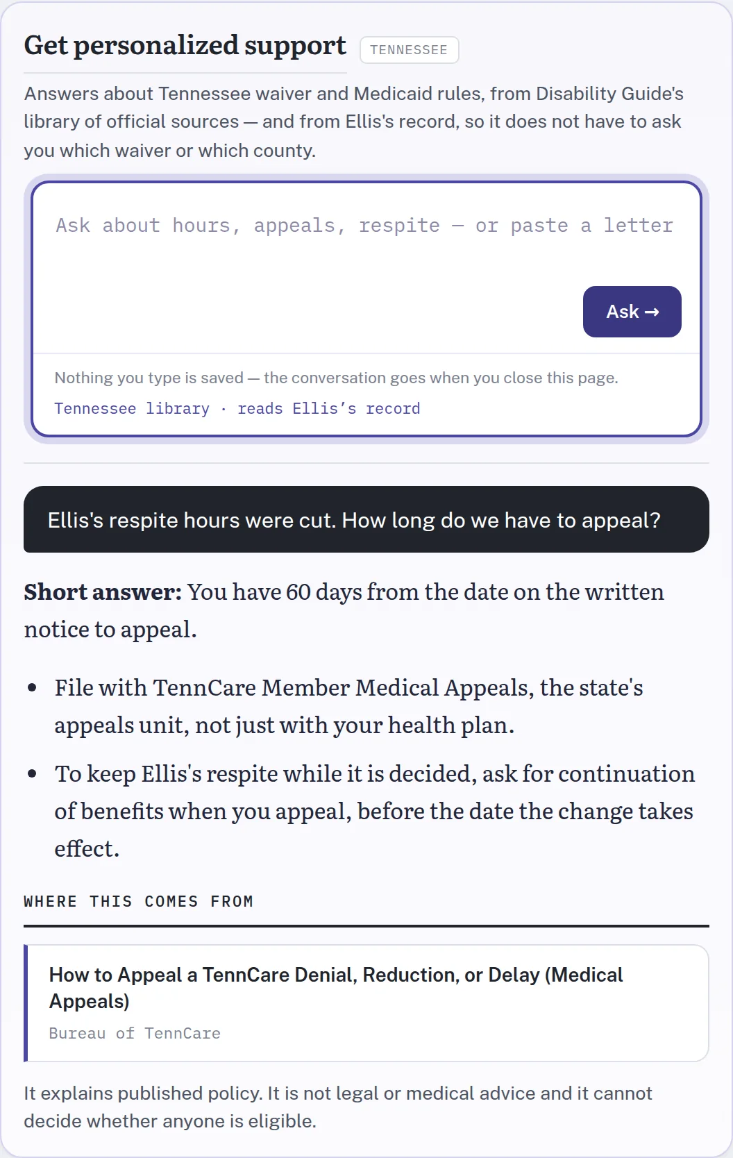 Disability Guide answering a Tennessee family&rsquo;s question about a cut in respite
                  hours: how long they have to appeal, where to file, and how to keep services,
                  with the official source the answer came from.