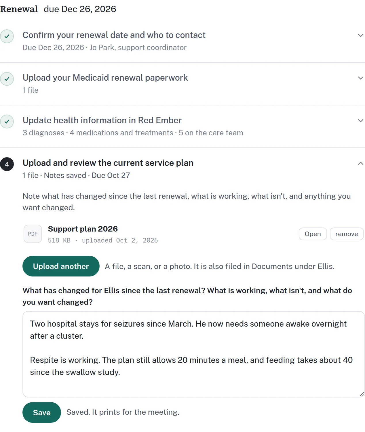 A renewal in progress in Red Ember: eight numbered steps, three of them done, and the fourth open, with the current service plan uploaded and a note about what has changed for Ellis since last year.